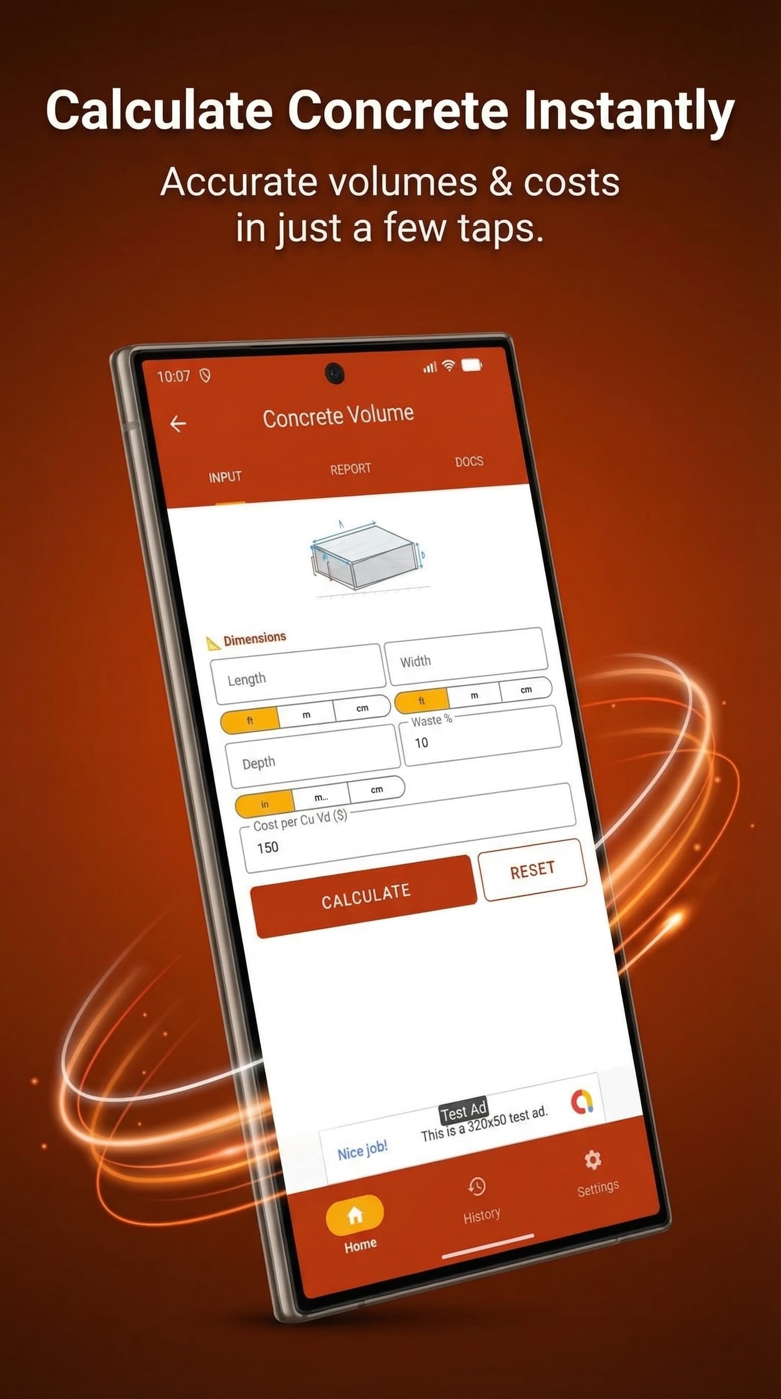 Concrete Volume — inputs, bag counts, waste factor