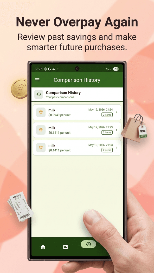 GroceryComp history screen with past comparisons