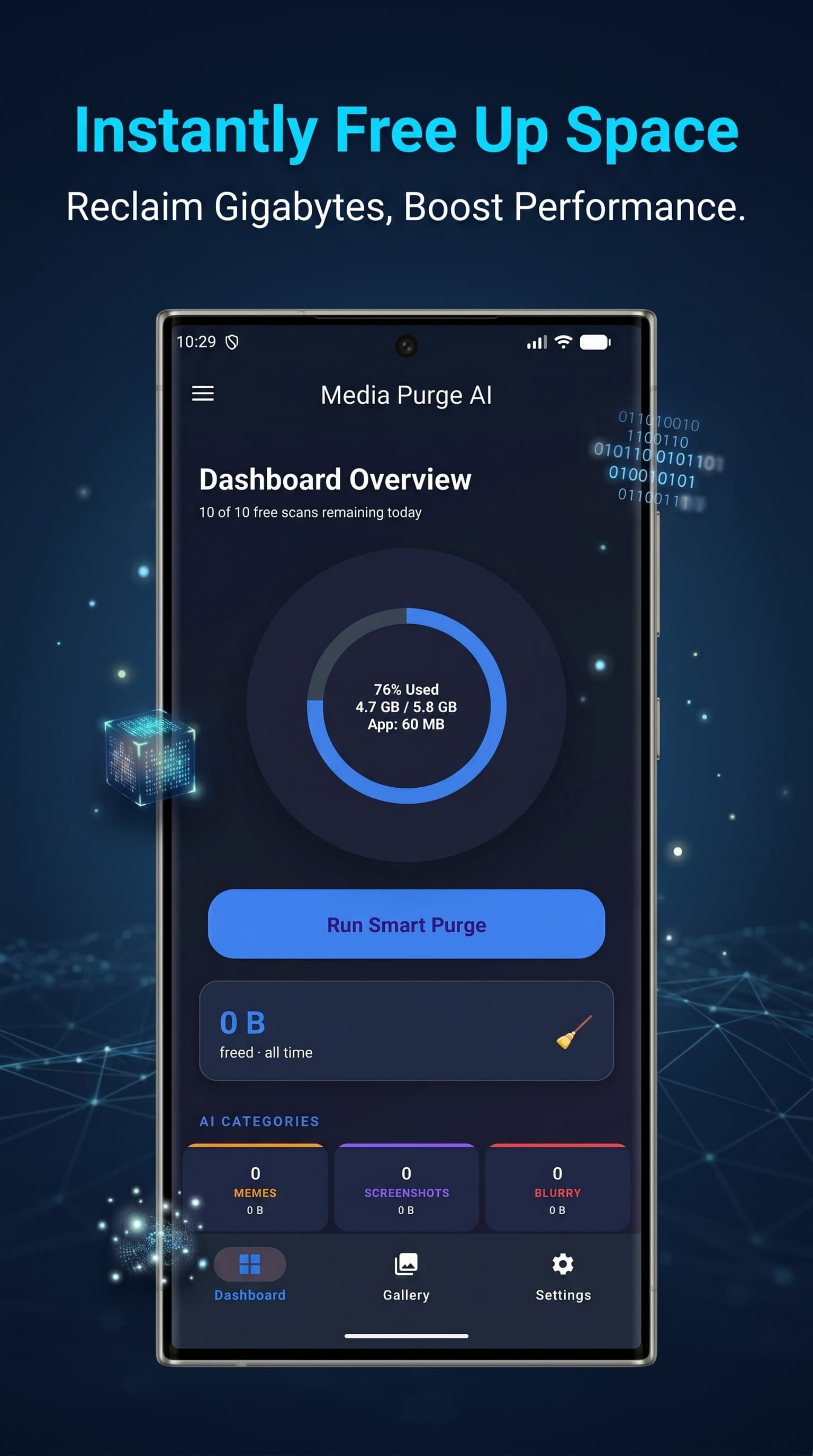 Dashboard — Storage stats & category cards