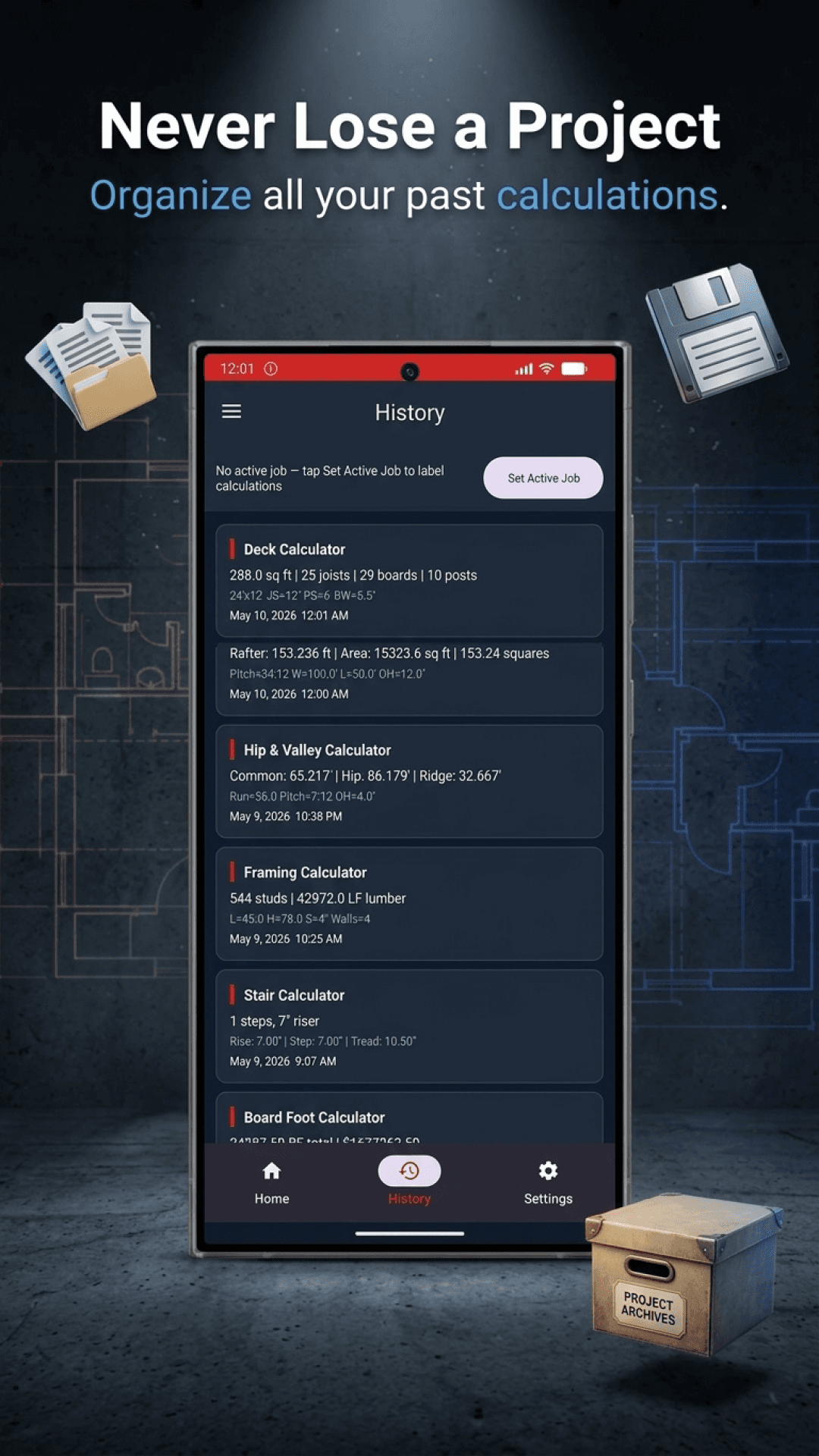 Saved calculation history and project notes